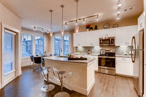 Modern Kitchen with Stainless Steel Appliances & White Cabinetry at Touchstone Modern Apartment Homes, Colorado, 80021